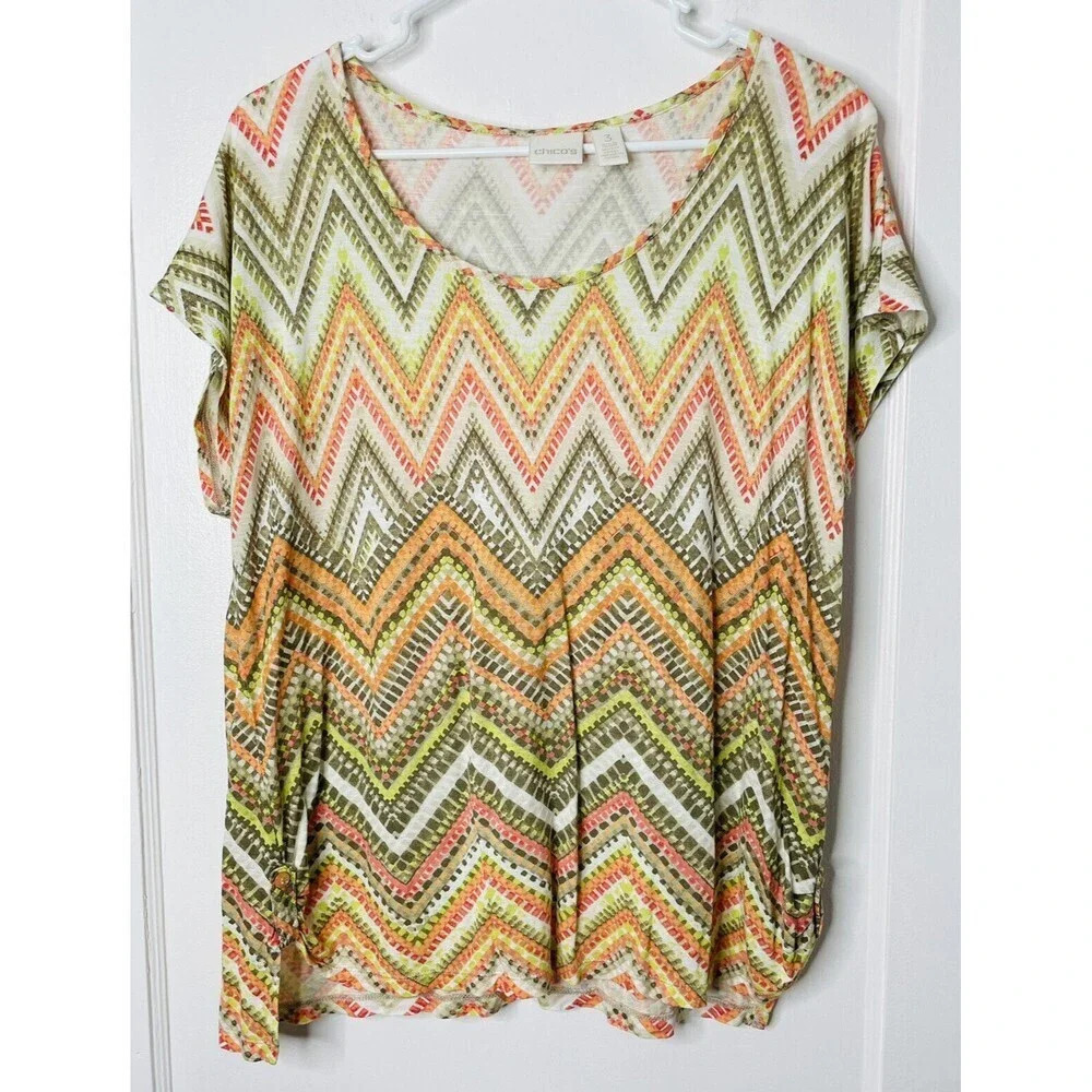 Chicos Viscos Shirt Sz 3 Womens Chevron Mulitcolor Sleeveless Scoop Neck Knit